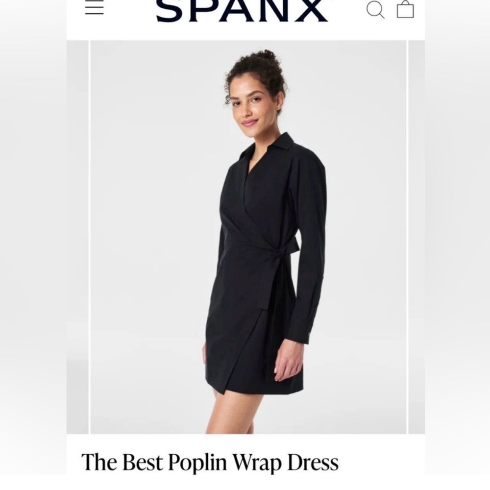 NEW Spanx The Best Stretch Cotton Poplin Wrap Shirtdress Classic Black Size XS